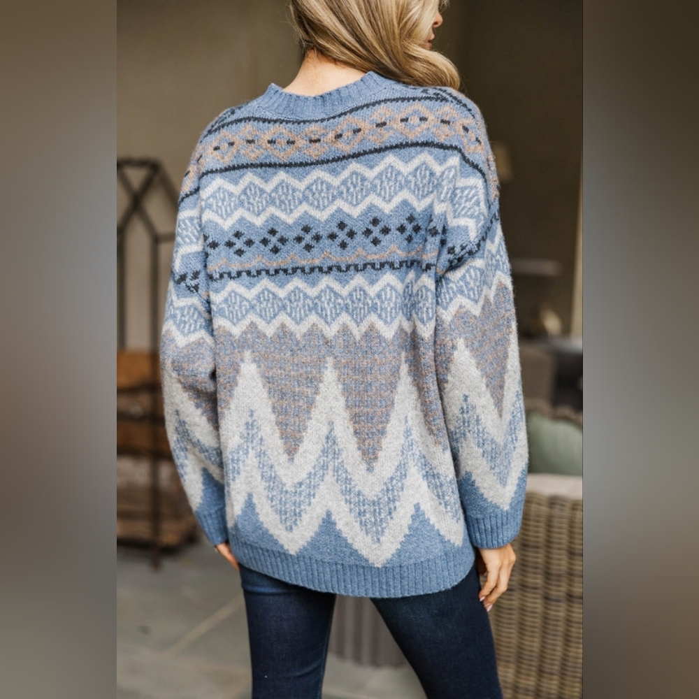 Anniewear Cream Brown Geometric Stripe Chevron Crew Neck Wool Sweater Boutique - Picture 3 of 8